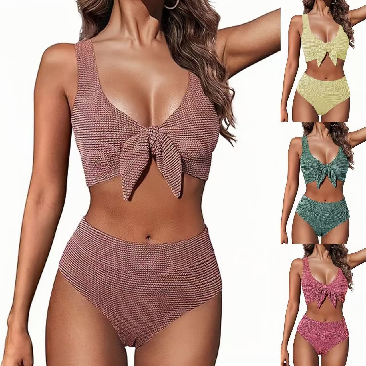 Swimsuit Bikini Ruched - ชุดว่ายน้ำผู้หญิง บิกินี่ คอวี เสื้อครอปเอวสูง บิกินี่ผ้าแจ็คการ์ด ผูกด้านหน้า